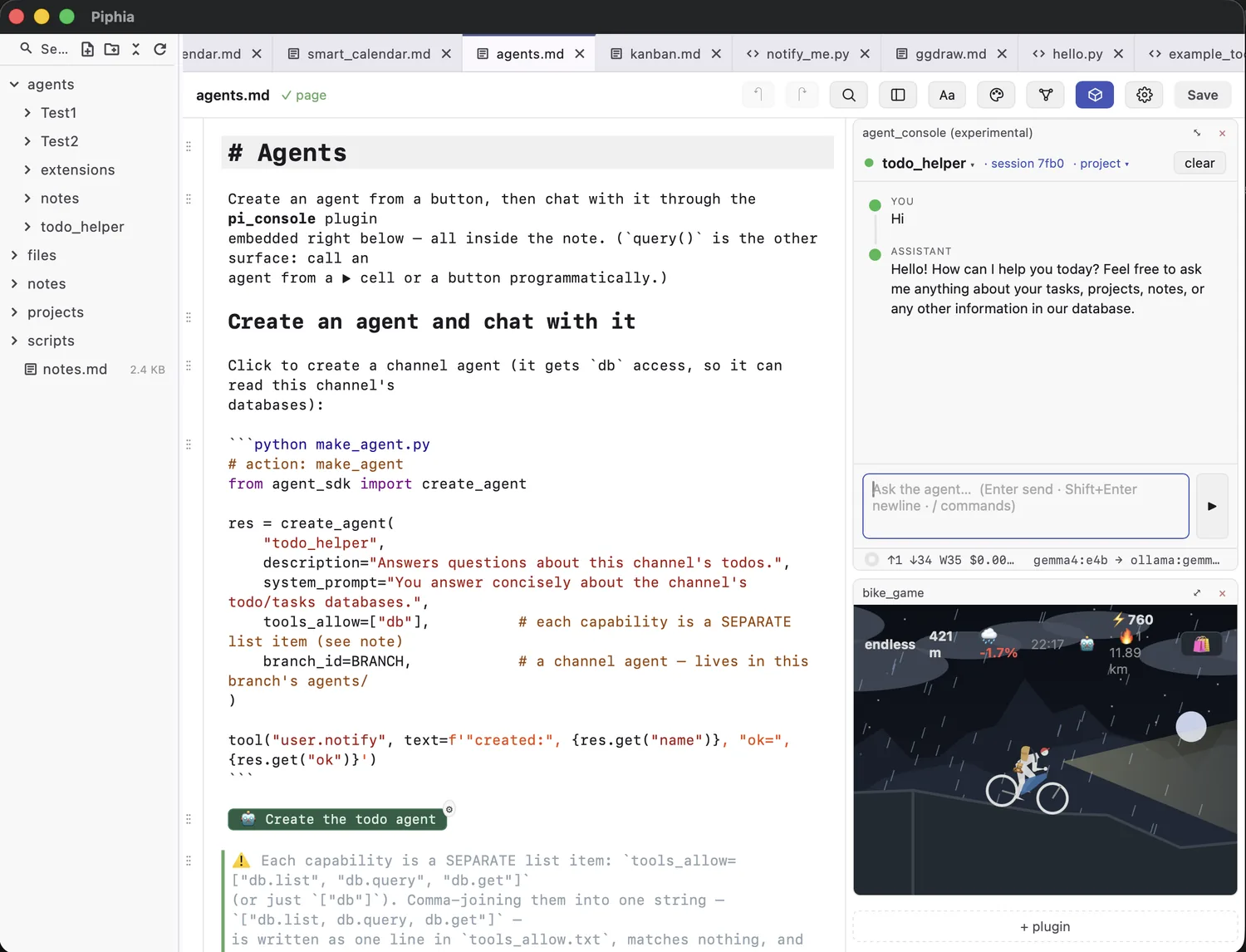 A note with its agent chat and a live plugin