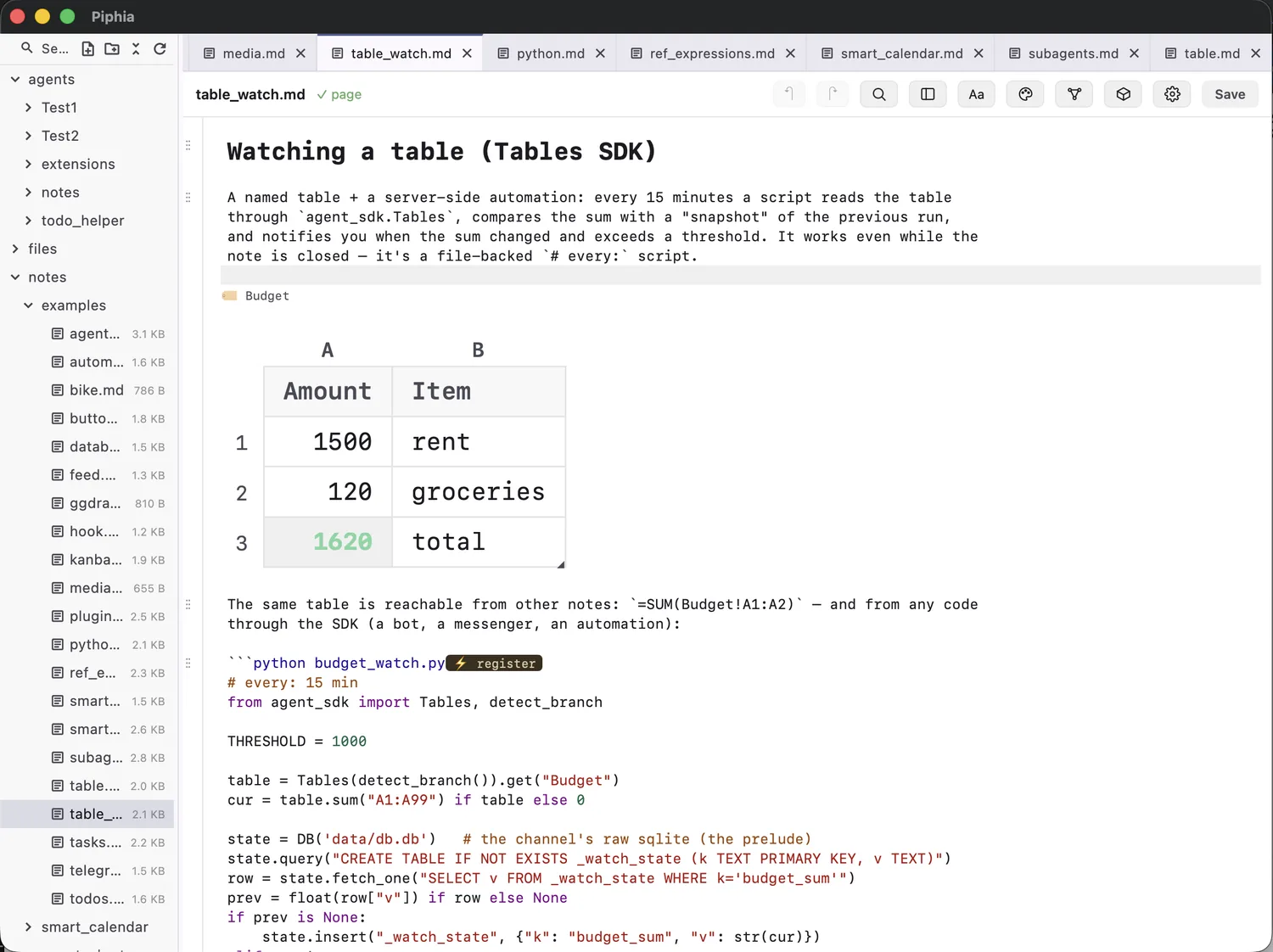 Embedded views and tools inside a note