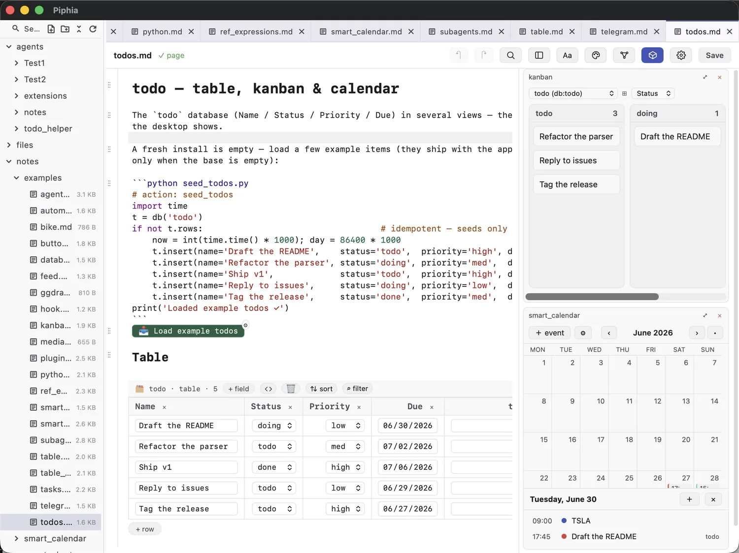 A database view with typed fields